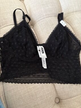 PINK Victoria's Secret Black Sheer Polka-Dot Lace Bralette with Scalloped Trim